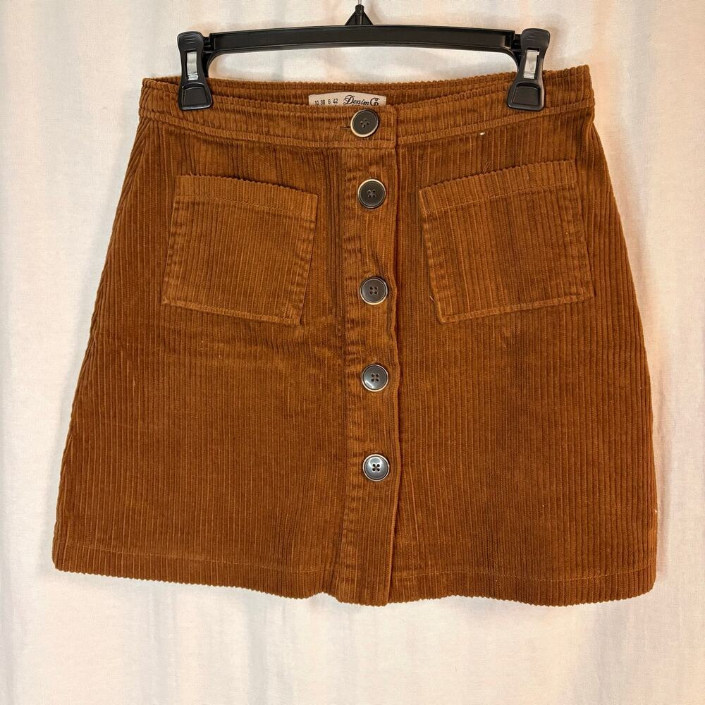 Denim Co Brown Corduroy Button Front Mini Skirt Womens US 6 A Line